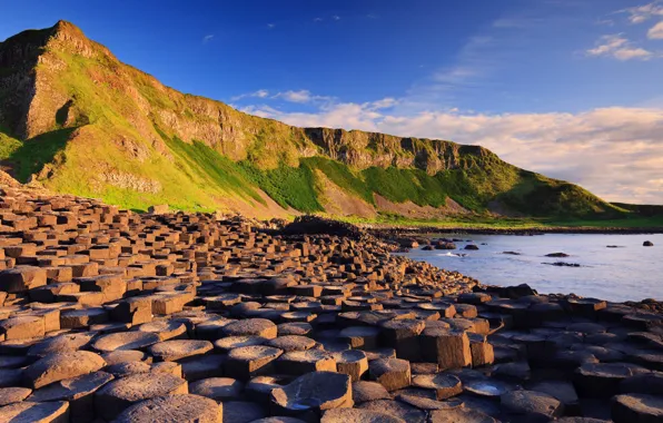 Picture sky, sea, landscape, nature, water, mountains, clouds, stones, Ireland, Giant's Causeway, rock formation