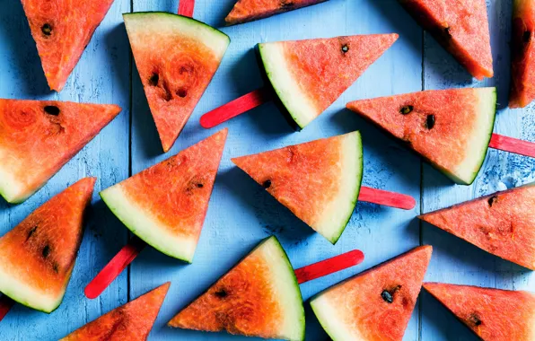 Picture watermelon, fresh, wood, slices, watermelon, slice