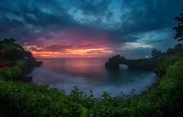 Picture sea, greens, the sky, sunset, rocks, the evening, arch, the bushes