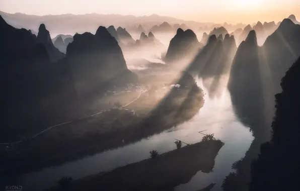 Picture light, mountains, river, hills, China