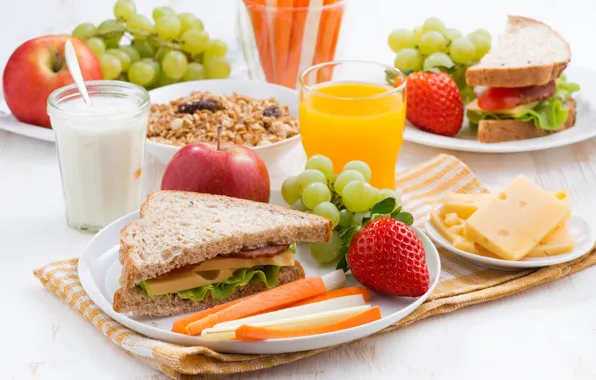 Picture apples, Breakfast, cheese, strawberry, juice, bread, grapes, sandwich, ham