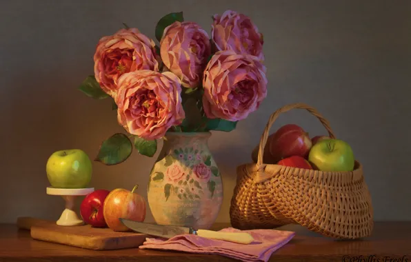 Picture flowers, apples, roses, bouquet, knife, still life, basket