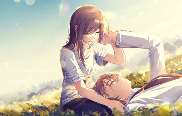 Picture girl, romance, anime, meadow, art, pair, guy