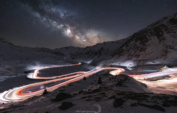 Picture road, the sky, stars, light, mountains, night, excerpt, the milky way