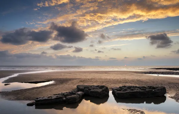 Picture sand, sea, beach, the sky, the sun, clouds, sunset, stones, coast, horizon, Bay, UK, Wales, …