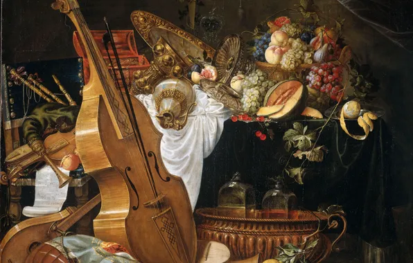 Picture picture, fruit, Still life, musical instruments, Cornelis de hem