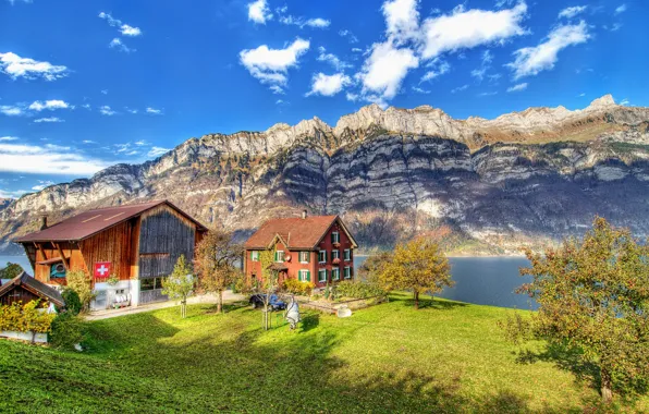 Picture mountains, river, hdr, Switzerland, Switzerland, the cabin in the mountains, ultra hd, Runner mountain, Näfels, …