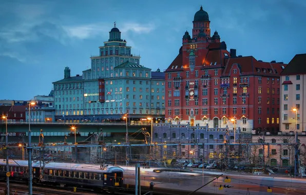 Picture lights, building, home, the evening, lights, railroad, trains, Stockholm, Sweden