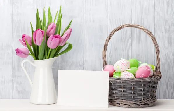 Picture flowers, Easter, tulips, happy, pink, flowers, tulips, spring, Easter, eggs, decoration, pink tulips, the painted …