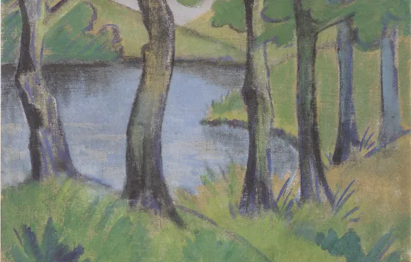 Picture grass, trees, lake, the bushes, Expressionism, Otto Mueller, ca1919, Waldsee