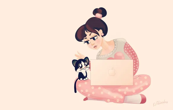 Picture cat, girl, figure, vector, art, laptop
