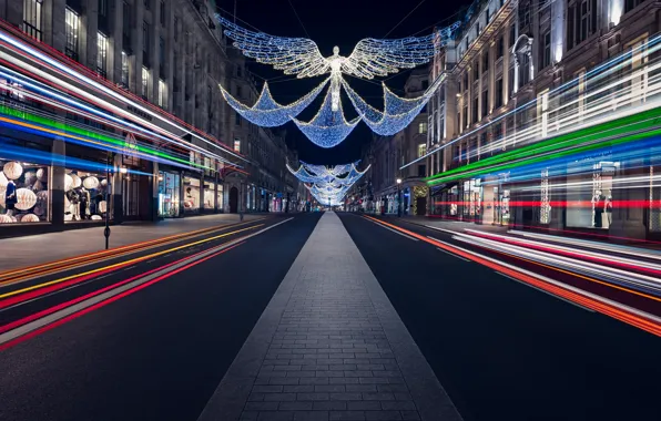 Picture city, lights, christmas, road, night, street, angels, London, England, Britain, traffic, architecture, festive, decorations, urban, …