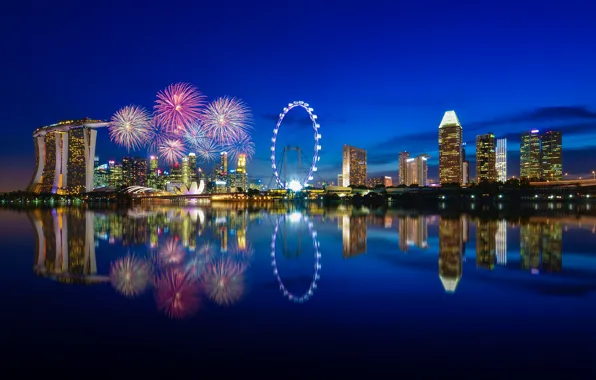 Picture night, lights, reflection, lighting, Bay, Singapore, night city, The city-state