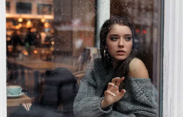 Picture girl, rain, long hair, photo, blue eyes, model, mood, water drops, bokeh, window, lips, jeans, …
