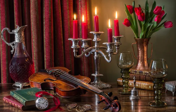 Picture flowers, style, wine, violin, watch, books, candles, glasses, glasses, tulips, still life, candle holder, decanter, …