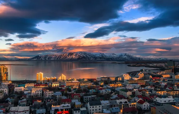 Picture light, mountains, the city, Iceland, Reykjavik, the fjord