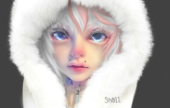 Picture face, eyelashes, piercing, hood, blue eyes, art, white fur, portrait of a girl, Sk011