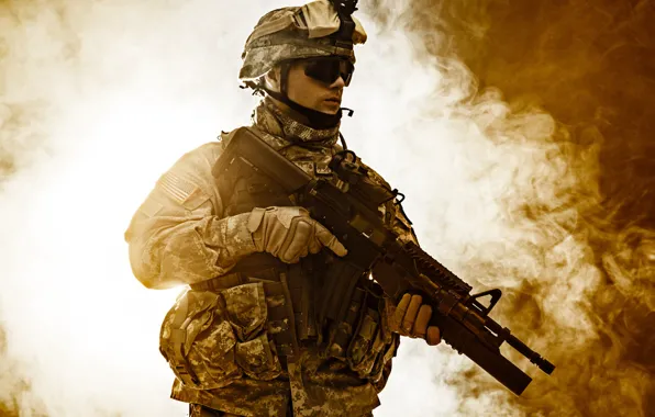 Picture weapons, background, smoke, glasses, soldiers, gloves, helmet, camouflage, fighter, equipment, uniform