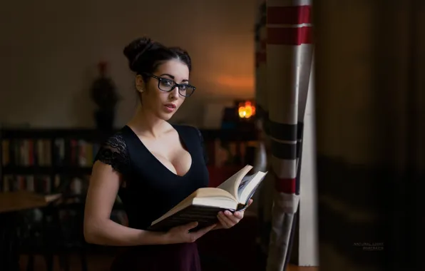 Picture look, sexy, room, model, skirt, portrait, makeup, brunette, glasses, hairstyle, blouse, book, beauty, bokeh, Bára, …