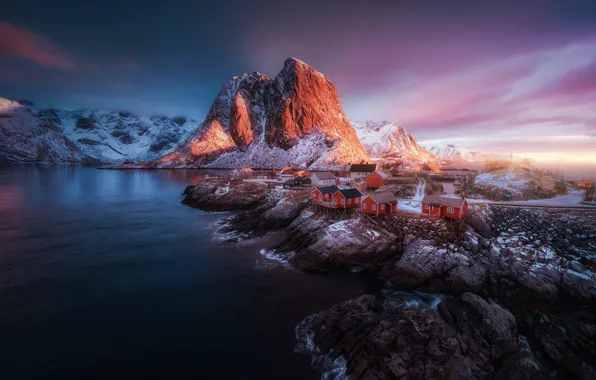 Picture winter, sea, light, snow, mountains, rocks, island, Norway, the village, Scandinavia, The Lofoten Islands, The …