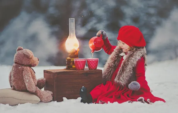 Picture winter, snow, mood, toy, lamp, the tea party, girl, bear, box, Teddy bear