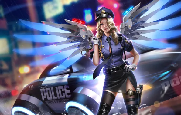 Picture machine, girl, lights, gun, weapons, rain, wings, police, art, form, handcuffs, overwatch, mercy, liang xing