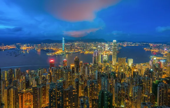 Picture sea, landscape, the city, night lights, Hong Kong, China, night city