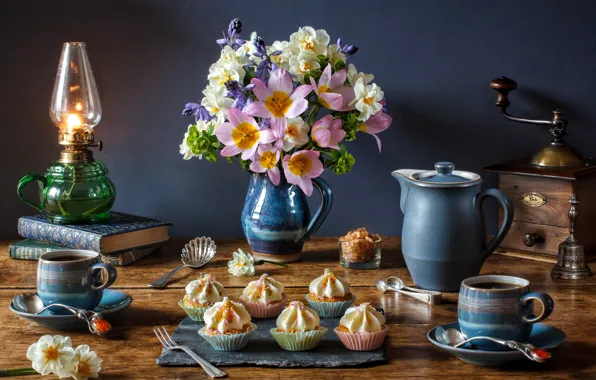 Picture flowers, style, books, lamp, coffee, bouquet, tulips, mugs, still life, daffodils, cupcakes, coffee grinder