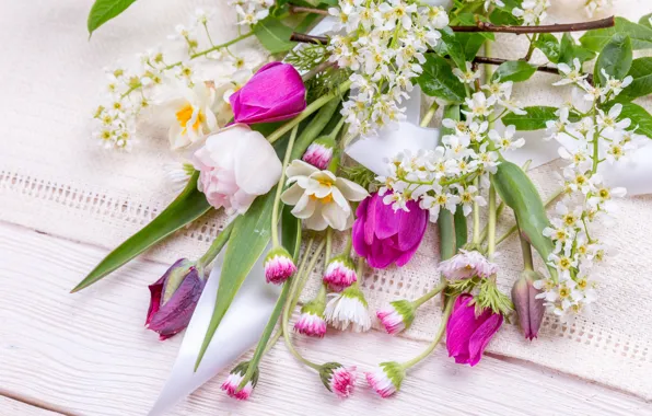 Picture flowers, bouquet, spring, colorful, tulips, buds, wood, pink, flowers, tulips, spring