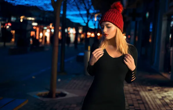 Picture road, girl, night, lights, pose, street, model, hat, portrait, home, makeup, figure, dress, hairstyle, blonde, …