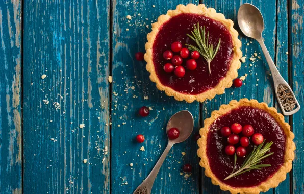 Picture berries, dessert, wood, cakes, jam, sweet, sweet, dessert, berries, tartlets, spoon, cranberry, baskets