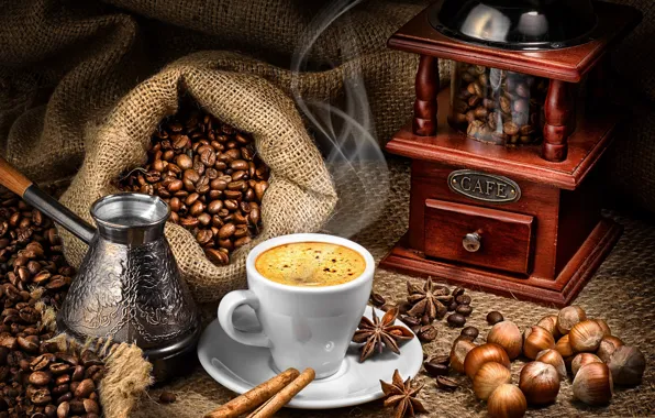 Picture coffee, food, grain, Cup, still life, cinnamon, Turk, coffee grinder