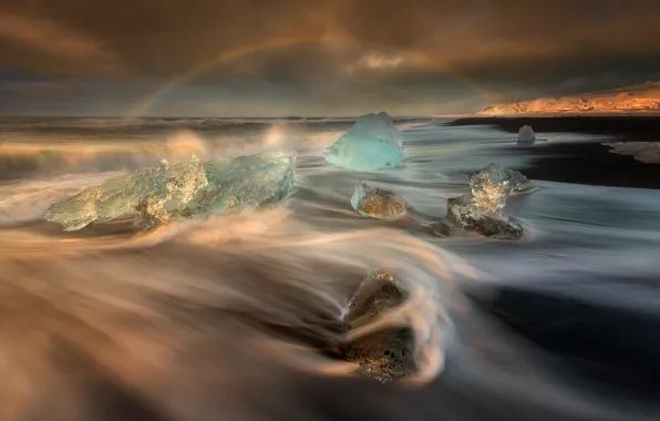 Picture sea, wave, beach, light, ice, rainbow, excerpt, Iceland