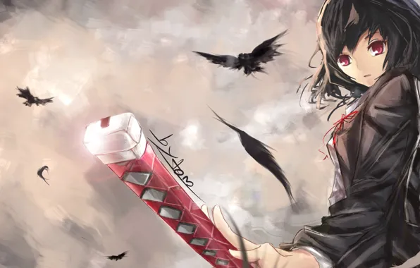 Picture katana, crows, schoolgirl, red eyes, the gray sky