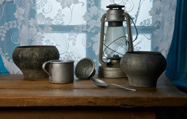 Picture village, window, spoon, mug, lantern, dishes, banks, pot