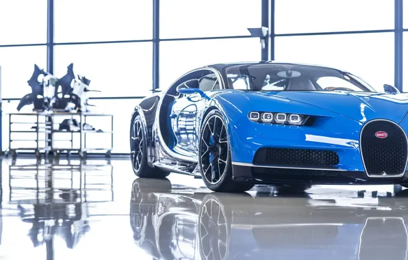 Picture Bugatti, Blue, Black, White, Reflection, VAG, W16, Chiron
