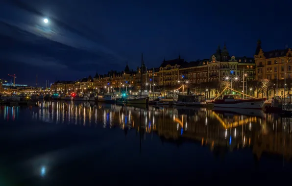 Picture the sky, night, lights, river, the moon, home, boats, lights, Stockholm, Sweden, promenade, court