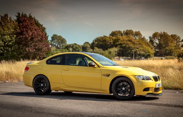 Picture the sky, clouds, trees, yellow, coupe, BMW, BMW, e92, dakar edition
