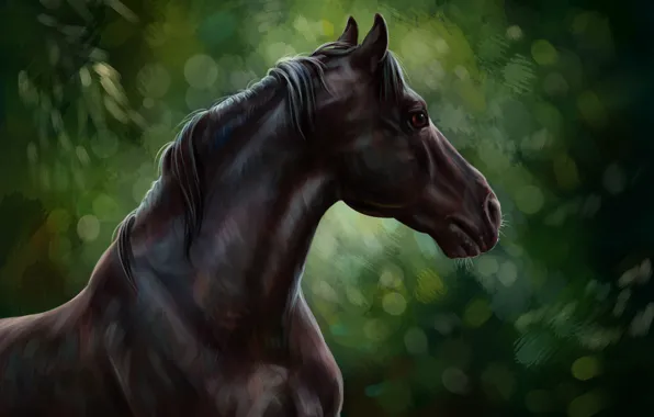 Picture horse, oil, art, watercolor, pencil, painting, horse, horse, gouache, wallpaper., painting painting, forest nature, black …