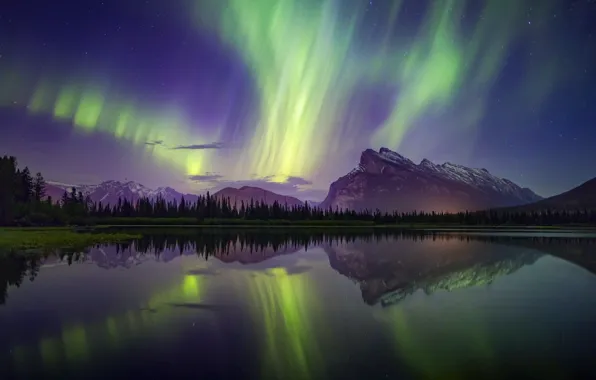 Picture the sky, mountains, night, reflection, Northern lights
