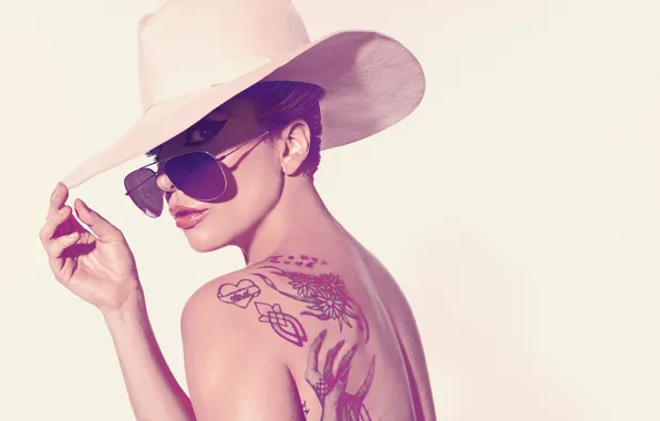 Picture the sun, background, back, hat, makeup, actress, tattoo, glasses, hairstyle, singer, photoshoot, Lady Gaga, Lady …