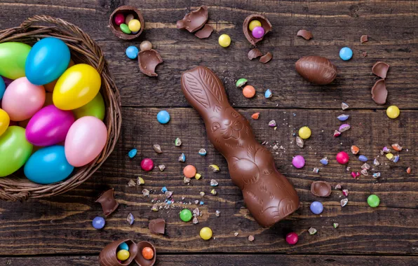 Picture chocolate, eggs, colorful, rabbit, candy, Easter, wood, chocolate, spring, Easter, eggs, bunny, candy, decoration, Happy