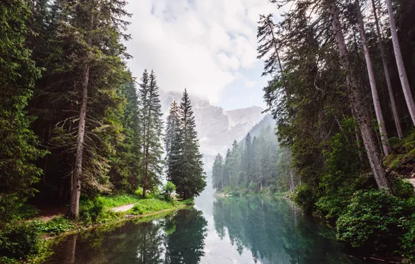 Picture forest, water, clouds, trees, mountains, reflection, river, rocks, haze, path