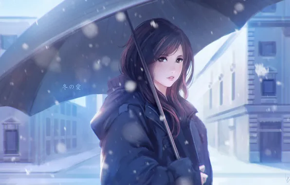 Picture winter, snow, umbrella, anime, art, girl, Vu Nguyen, Winter Love