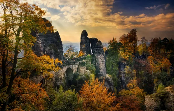 Picture autumn, trees, people, rocks, Germany, Saxony, Bataiskiy bridge