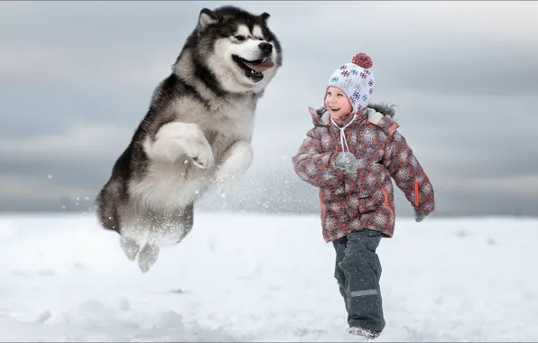 Picture girl, game, dog, winter, two, kid