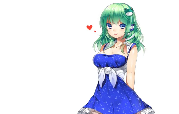 Picture smile, white background, green hair, touhou, barrette, art, blue dress, Kochi Have Done The Art, …