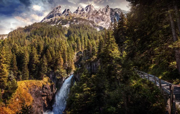 Picture forest, mountains, waterfall, trail, Switzerland, Switzerland, Shadow half, Rosenlaui Glacier Canyon, Tattenhall, Каньон Розенлауи