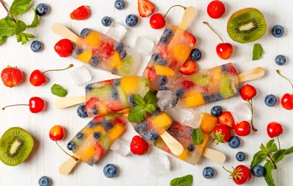 Picture ice, berries, kiwi, blueberries, strawberry, ice cream, fruit, mint, dessert, cherry, sweet
