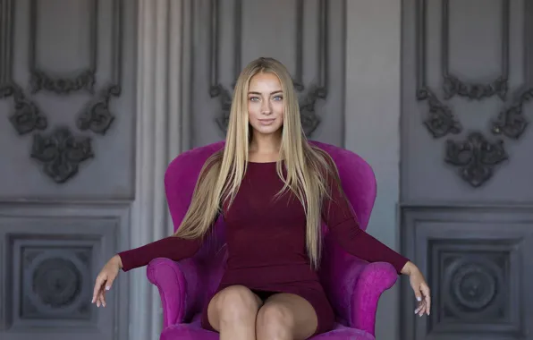 Picture pose, model, chair, makeup, figure, dress, hairstyle, blonde, beauty